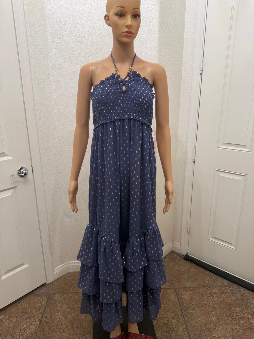 Aqua Navy Halter Maxi Dress with Gold Dot Accents